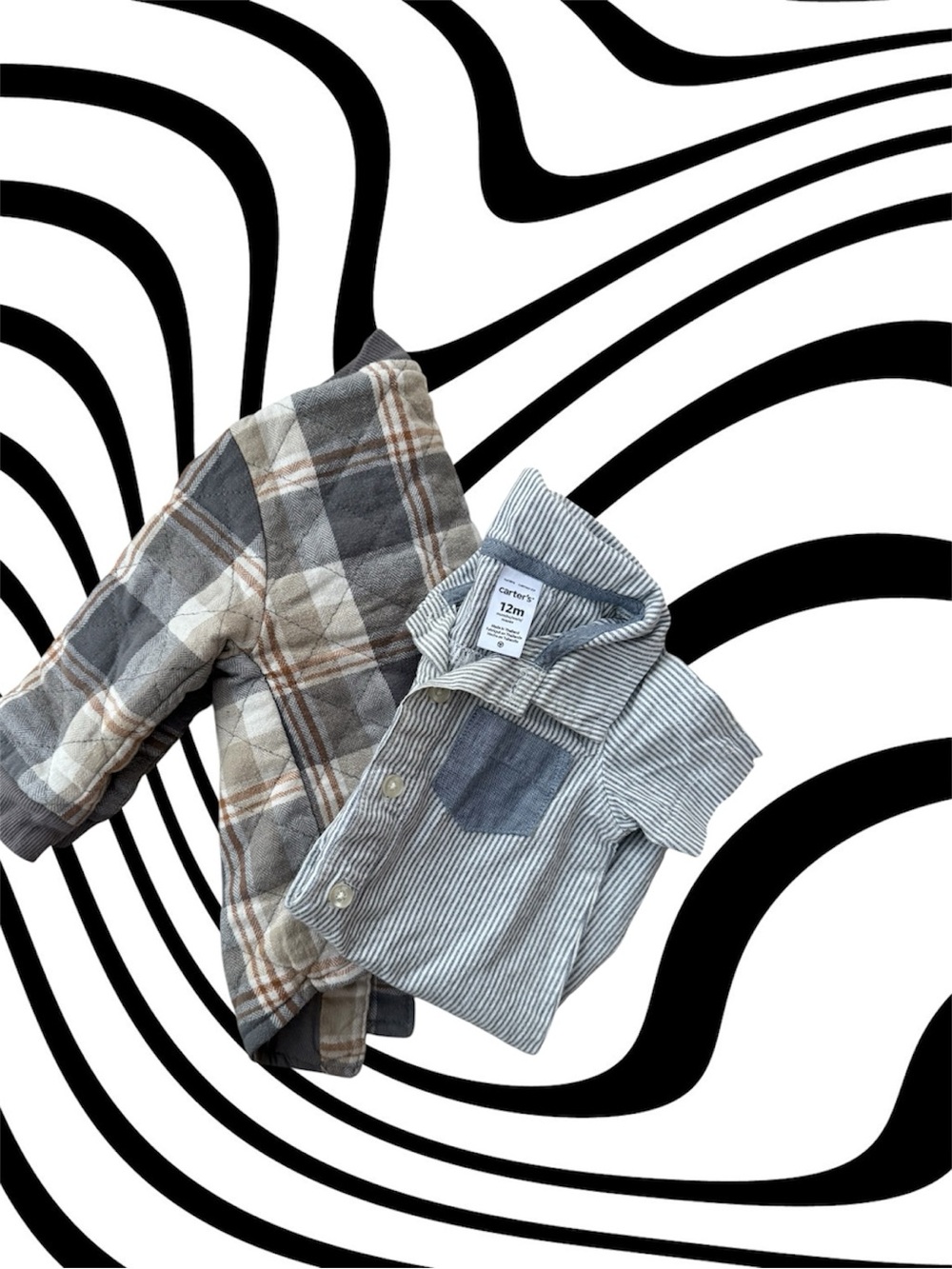 Boys Gray Striped Button Down Romper- Gray & Brown Plaid Jacket